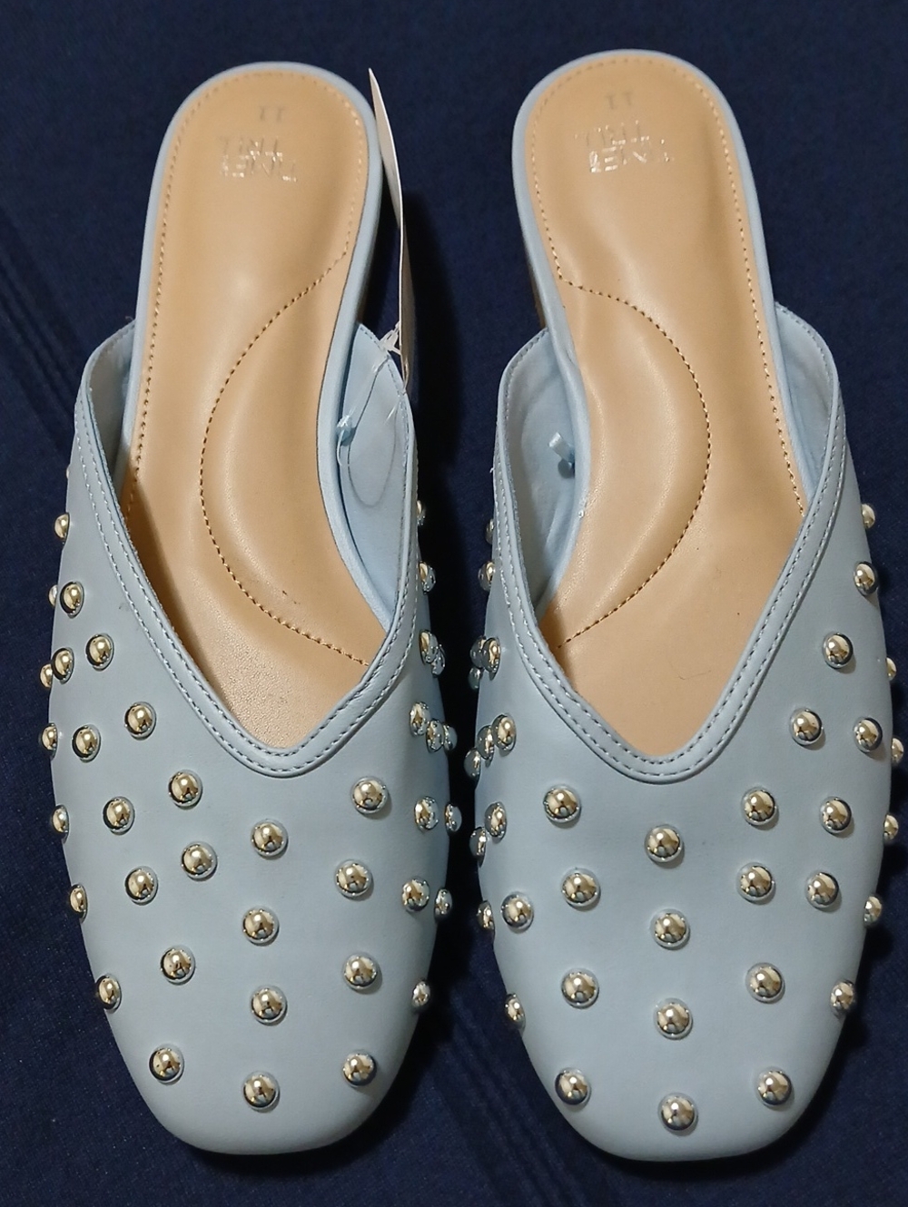 Time and Tru 11 Light Blue Studded Slip-On Mules